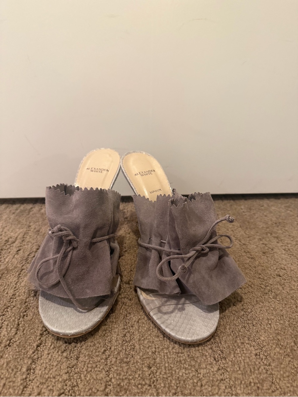 Alexander White Gray Suede Ruffle Tie Mule